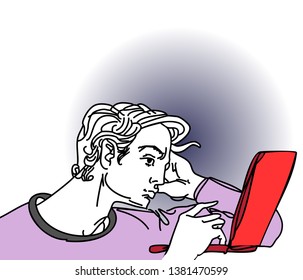 a sketch of a young man behind a red laptop