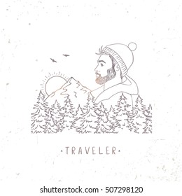 Sketch of young man in cap with mountains and forest. Hand drawn vector illustration