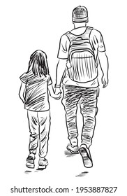 Sketch of young man with his little daughter walking outdoors on summer day
