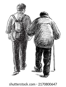 Sketch of young man with his old parent walking outdoors