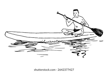 Sketch of young man on sup board sitting, rowing paddle and floating on water lake, vector contour hand drawndoodle illustration isolated on white