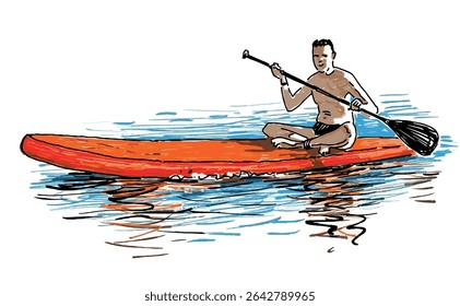 Sketch of young man on sup board sitting, rowing paddle and floating on water lake, vector illustration isolated on white