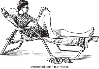 Sketch of young man reading book on sunbed on beach