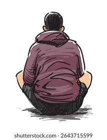 Esboço de jovem sentado para descansar ao ar livre, vista traseira, ilustração vetor desenhada à mão realista isolado no branco