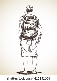 Sketch of young man standing with backpack, Hand drawn illustration back view