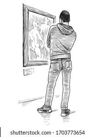 Sketch of young man standing and looking at picture in museum on excursion