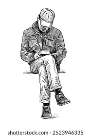 Sketch of young man, student sitting and reading book outdoors, realistic hand drawing, vector illustration