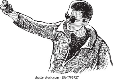 Sketch of young man in sunglasses photographing selfie on his smartphone