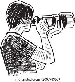 Sketch of young man taking picture on his camera