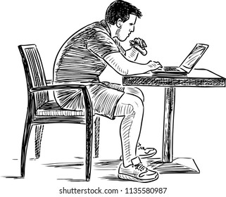 Sketch of a young man working on his laptop