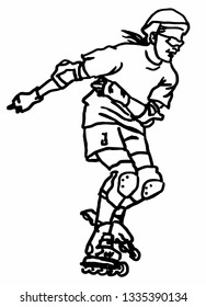 Sketch. Young men on roller skates. He goes fast slalom.