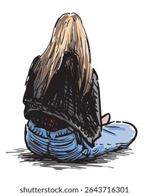 Esboço de jovem loira menina moderna em jeans sentado para descansar ao ar livre, vista traseira, ilustração vetor desenhada à mão realista isolado no branco