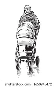 Sketch of young mother with baby carriage walking on a stroll