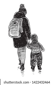 Sketch of an young mother with her kid going on a stroll