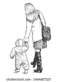 Sketch of a young mother with her little kid going for a walk