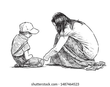 Sketch of young mother and her little son sitting and playing on playground