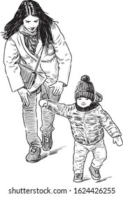 Sketch of young mother with her little son going for a stroll