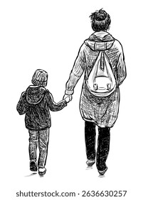 Sketch of young mother with little son walking outdoors, back view, realistic hand drawn vector illustration