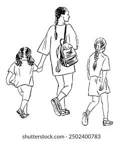 Sketch of young mother with two little daughters walking outdoors together on summer day, realistic outline vector hand drawing, isolated on white