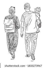 Sketch of young parents with their little daughter going for a stroll