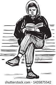 Sketch of a young person reading a book on a park bench