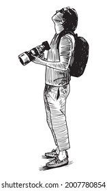 Sketch of young photographer with backpack and camera standing and looking up