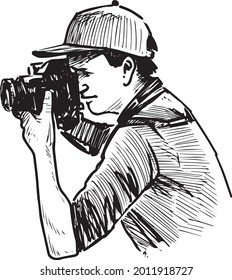 Sketch of young photographer shooting on his camera