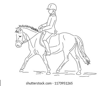 A sketch of a young rider on a pony.