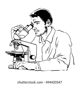 Sketch of young scientist looking through microscope. Black and white retro style hand drawn vector illustration isolated on white background.