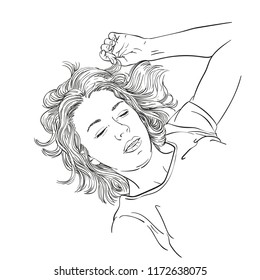 Sketch of young sleeping woman, Hand drawn vector linear illustration