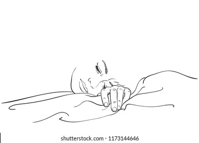 Sketch of young sleeping woman's face, Hand drawn vector linear illustration