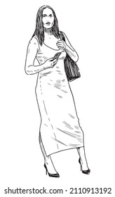 Sketch of young slim city woman with smartphone and handbag standing outdoors on summer day