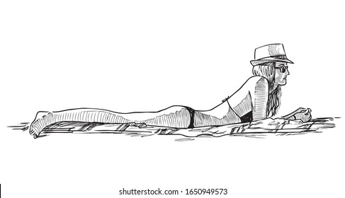 Sketch of young slim woman sunbathing on the beach