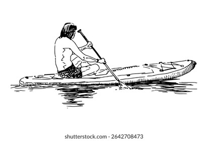 Sketch of young sports man on sup board sitting, rowing paddle and floating on water lake, outline vector illustration isolated on white