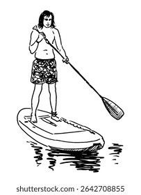Esboço de jovem desportista em cima da prancha em pé, remo remo paddle e flutuando no lago de água, esboço de ilustração vetor isolado no branco