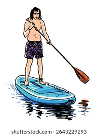 Esboço de jovem desportista em cima da prancha em pé, remo remo remo remo e flutuando no lago de água, ilustração vetor isolado no branco
