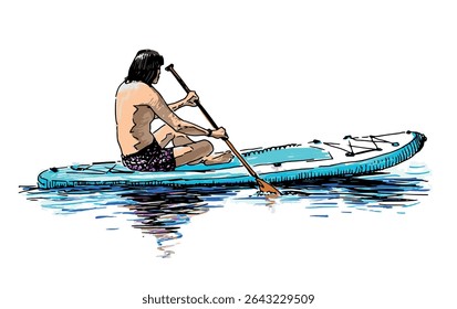Esboço de jovem desportista no tabuleiro sentado, remo paddle e flutuando no lago de água, ilustração vetor isolado no branco