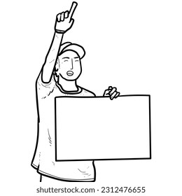 Sketch Young student doing demonstration with keep white sign in isolated on white background vector modern illustrations