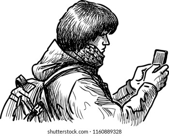 Sketch of a young tourist with his mobile phone