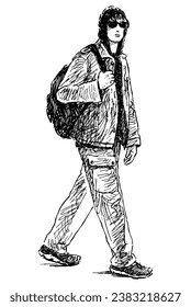 Sketch of young tourist man in sunglasses with backpack walking outdoors