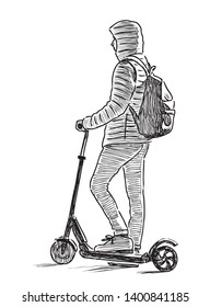 Sketch of a young townsman stopped with his scooter