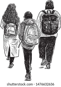 A sketch of young townspeople going down the street