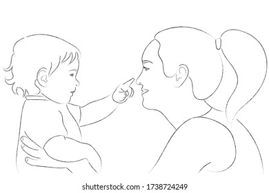 Sketch of a young woman with a baby, the kid is trying to touch his mother’s nose with his index finger
