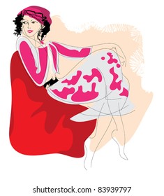 Sketch of a young woman in bright clothes, sitting on the red  couch