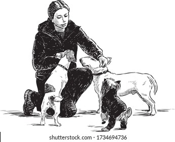 Sketch of young woman with dogs various breeds outdoors