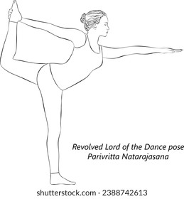 Sketch of young woman doing yoga Parivritta Natarajasana. Revolved Lord of the Dance pose. Isolated vector illustration.