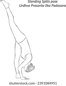 Sketch of young woman doing yoga Urdhva Prasarita Eka Padasana. Standing Splits pose. Isolated vector illustration.