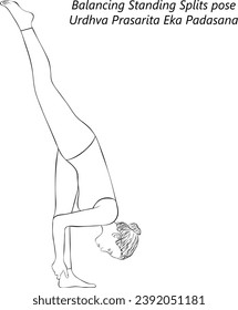 Sketch of young woman doing yoga Urdhva Prasarita Eka Padasana. Balancing Standing Splits pose. Isolated vector illustration.