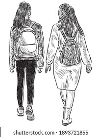 Sketch of a young woman with her teen daughter walking outdoors