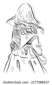 Sketch Young Woman Long Hair Stay Back Dress